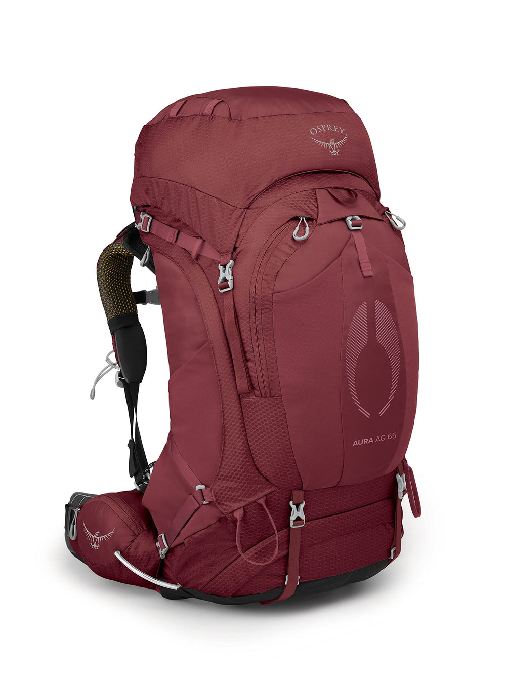 Osprey Aura AG 65L Berry Sorbet Red front view for quick weekend packing and access