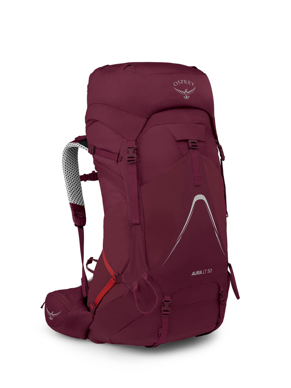 Osprey Aura AG LT 50 hipbelt close-up shows adjustable fit for comfort on long hikes.
