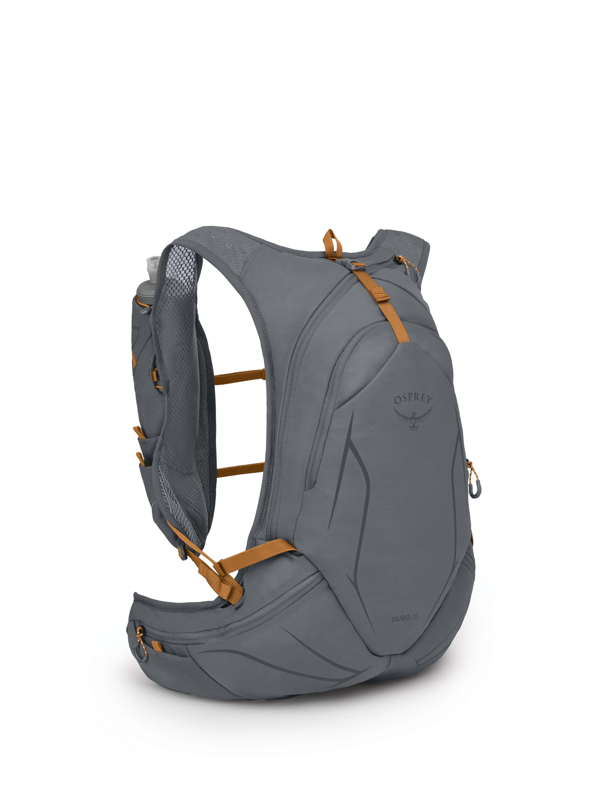 Osprey Duro 15L Phantom Grey Toffee Orange colorway on trail.