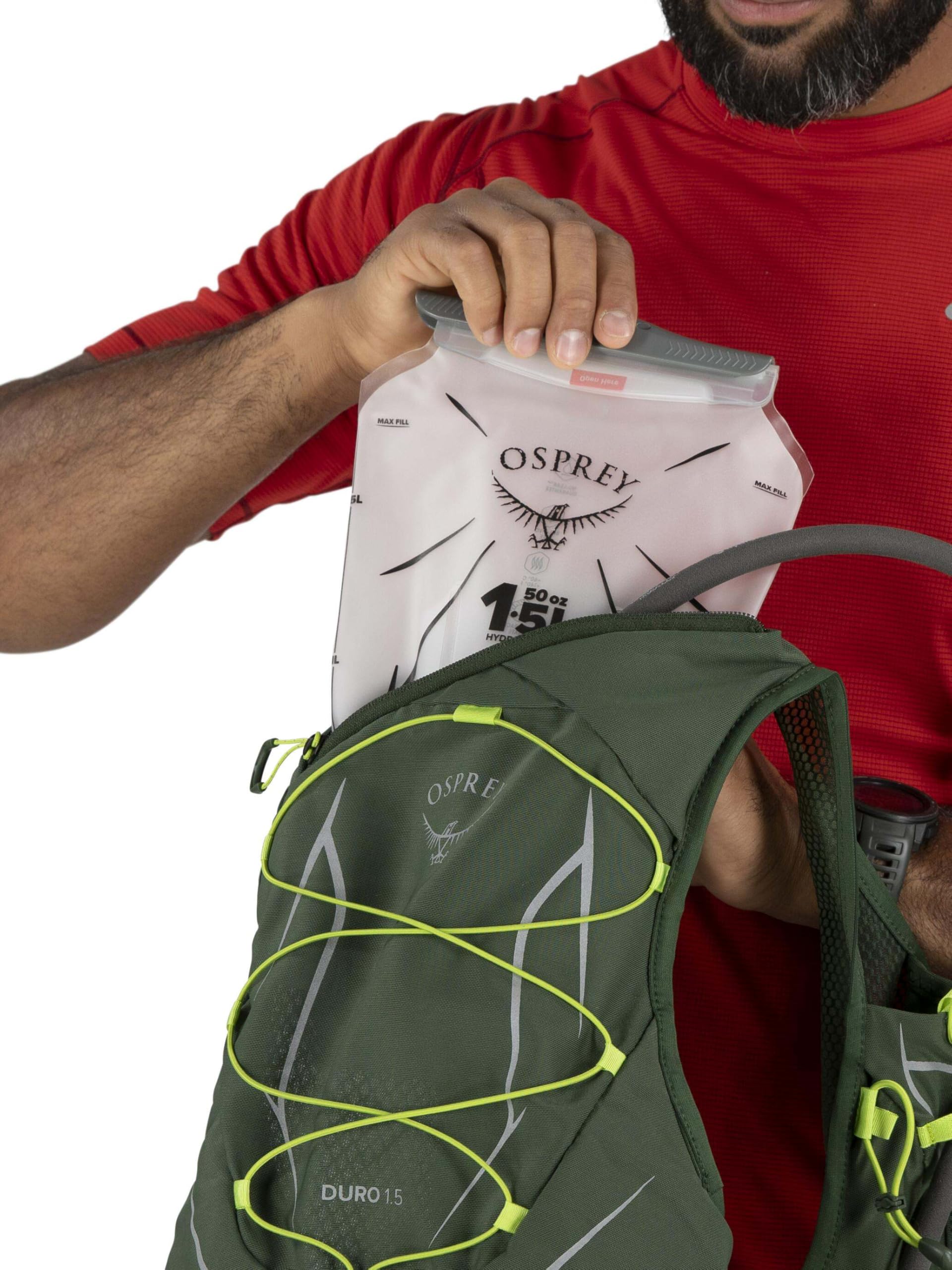 Osprey Duro Seaweed Green/Limon colorway on rugged trails.