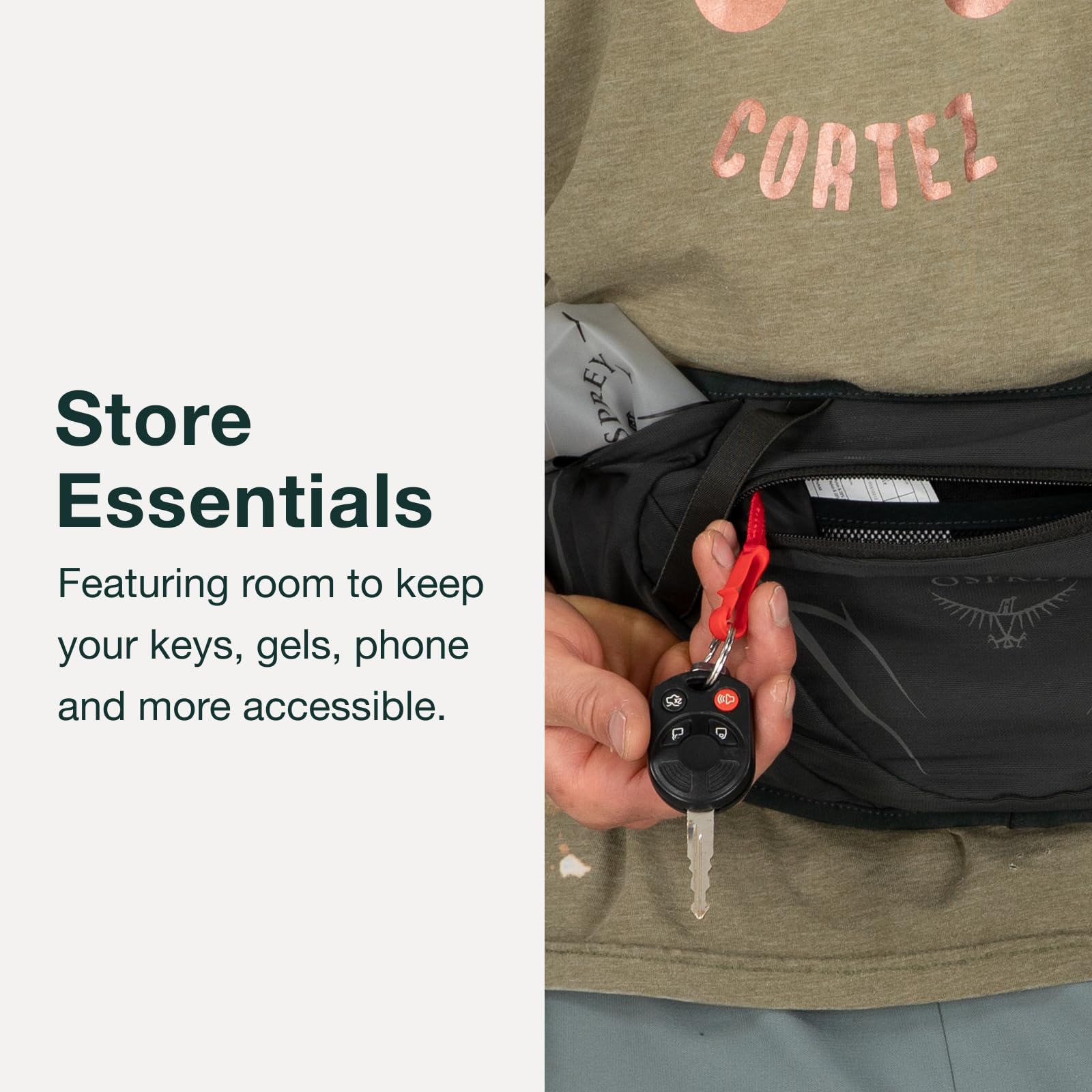 Osprey Duro Dyna essentials pocket keeps gels, keys, and phone within reach.