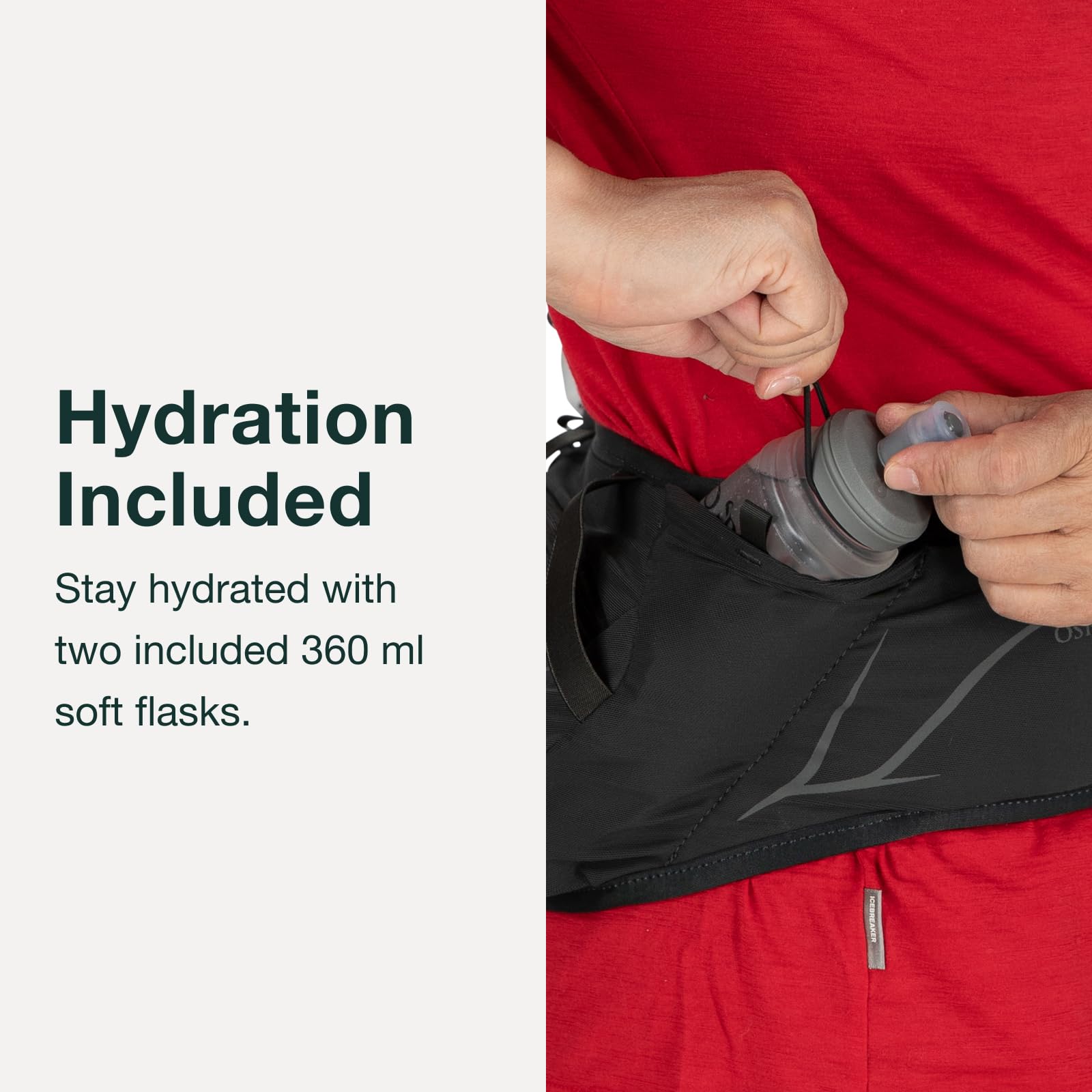 Osprey Duro Dyna reflective graphics boost visibility during dawn or dusk runs.