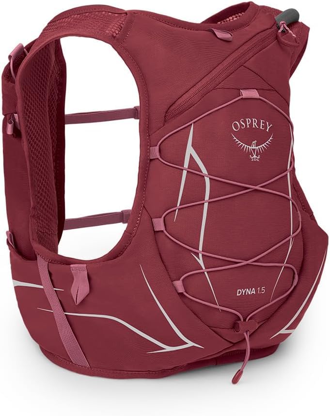 Osprey Dyna 1.5L vest trekking pole attachment for versatile trail setups.