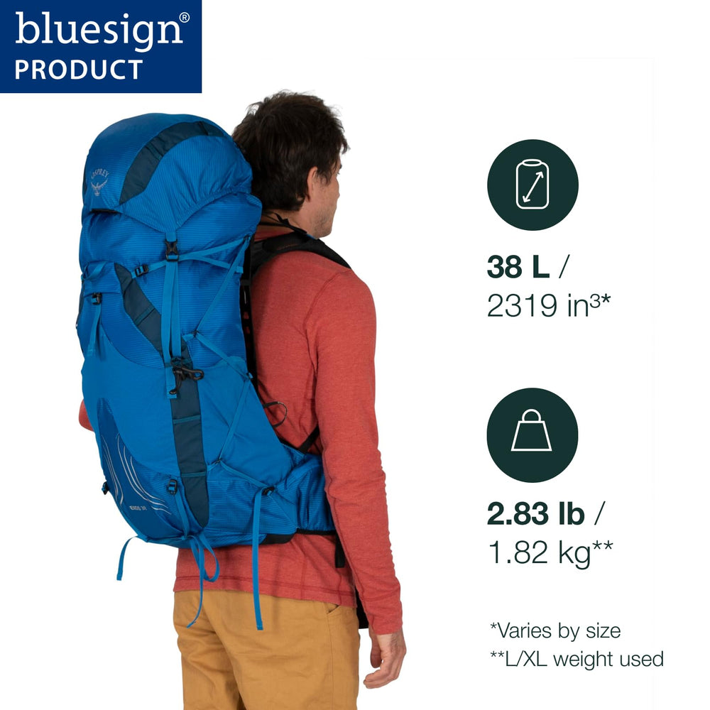 Osprey Exos 38L side view highlights slim profile for efficient trail carrying.