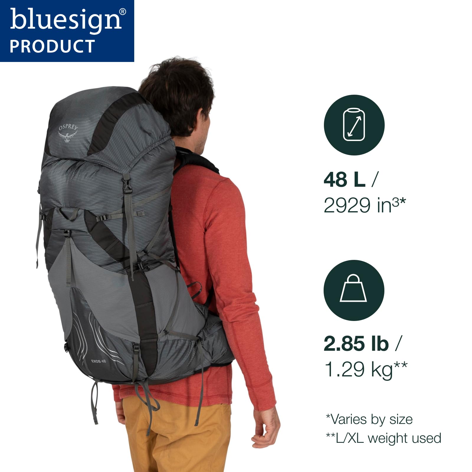 Osprey Exos 48L with AirSpeed suspension adjustment for a custom fit.