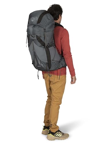 Osprey Exos 48L dark charcoal color in outdoor setting.