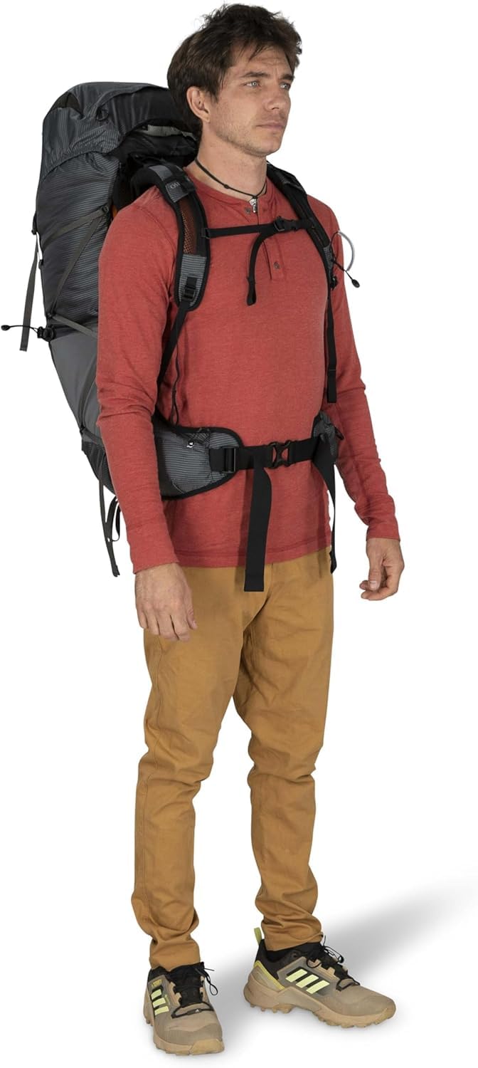 Osprey Exos 48L durable fabrics and ventilated backpanel for resilience.