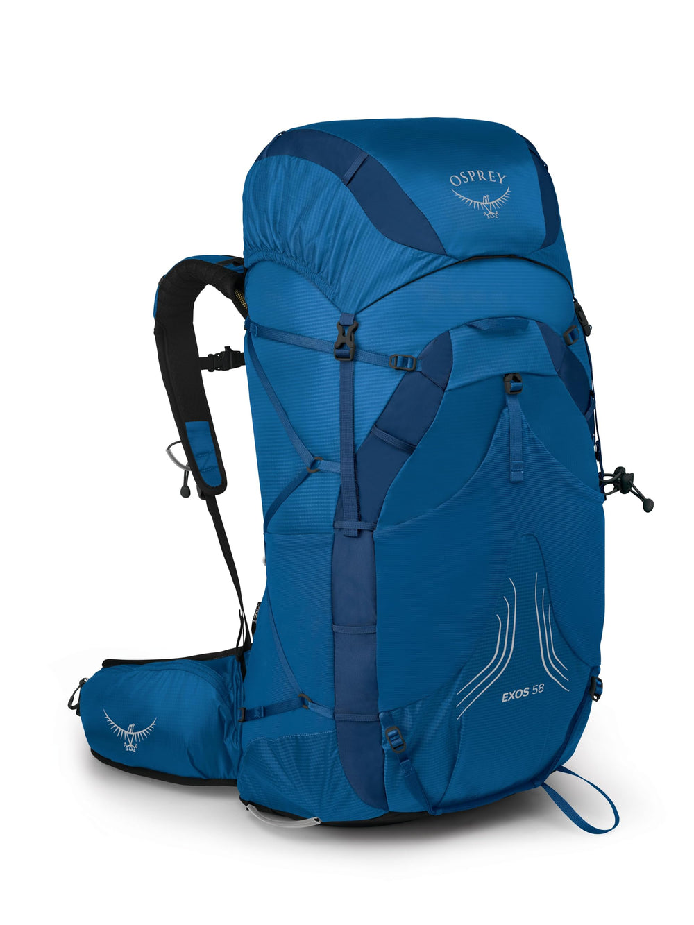 Osprey Exos 58L blue ribbon backpack exterior, showcasing capacity for ultralight treks