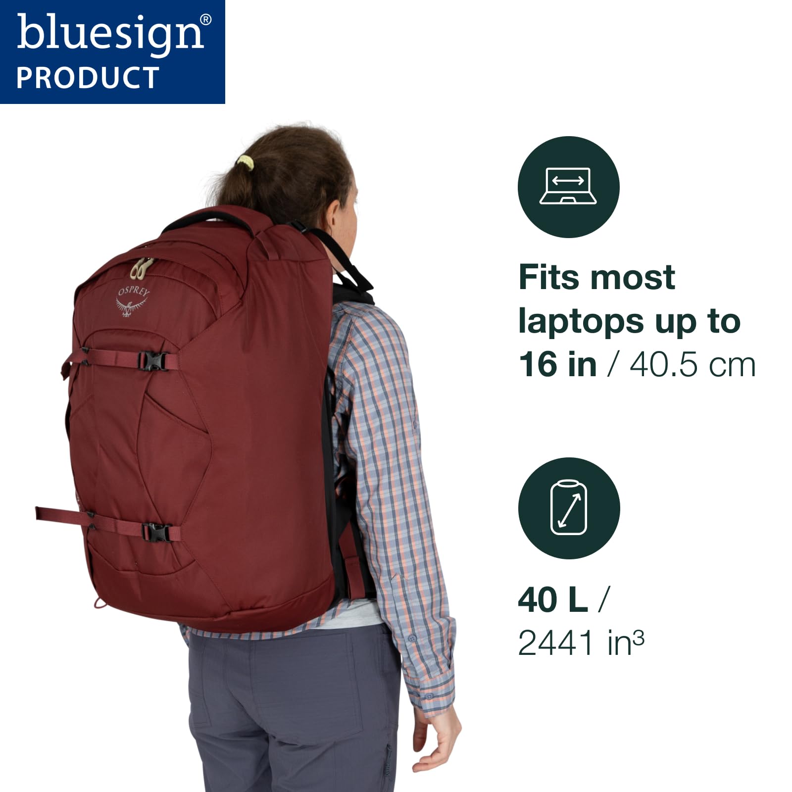 Osprey Fairview 40L laptop sleeve 16in emphasizes quick access and device protection.