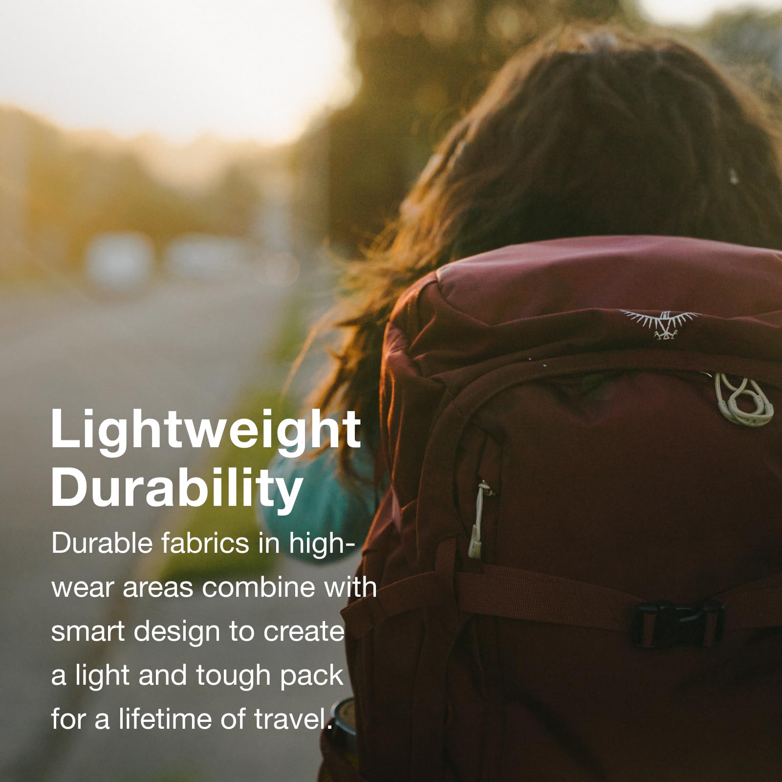 Osprey Fairview 40L strap detail shows stowaway harness for transit ease.