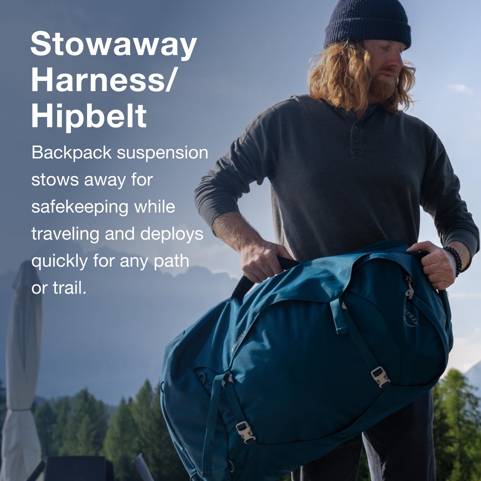Osprey Fairview 55L detachable daypack front view demonstrates flexible day-trip versatility