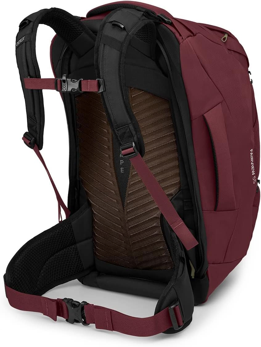 Osprey Fairview 55L front compression straps stabilize gear during travel