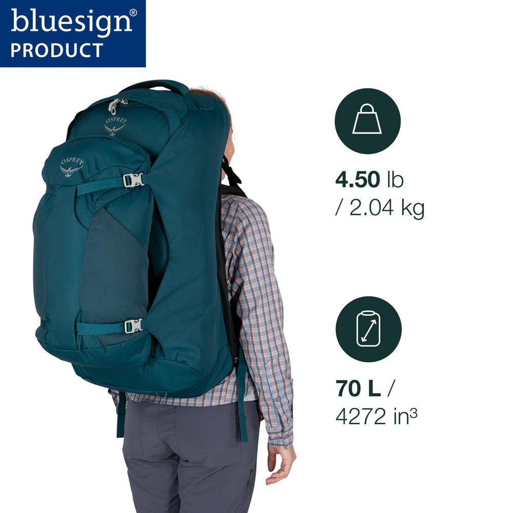 Osprey Fairview 70L side view shows breathable harness for comfortable wear.