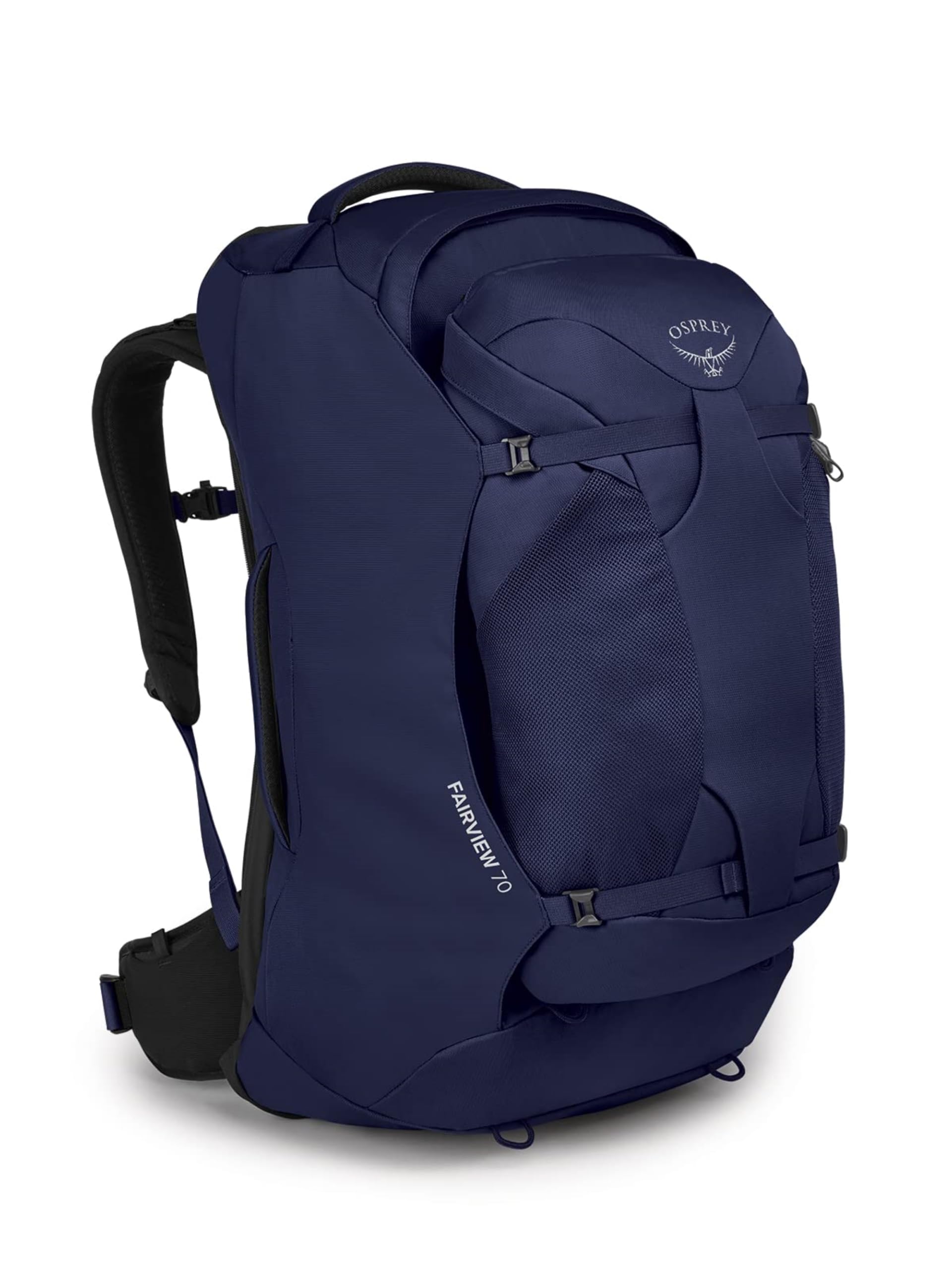 Osprey Fairview 70L front view in Winter Night Blue, durable travel-ready design for extended trips.