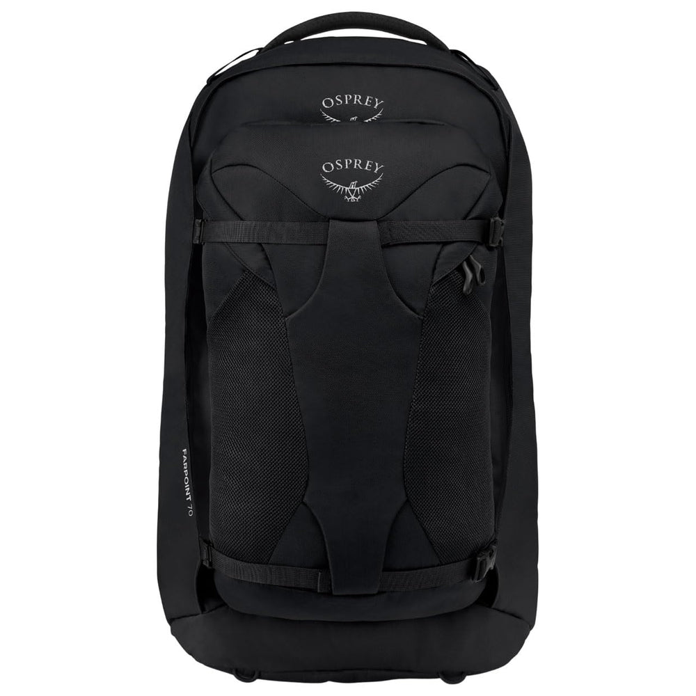 Osprey Farpoint 70L backpack harness demonstrates comfortable load transfer for travel.