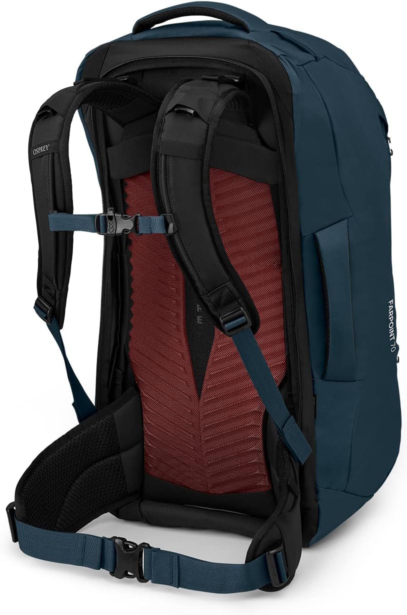 Osprey Farpoint 70L front compression straps stabilize gear during travel