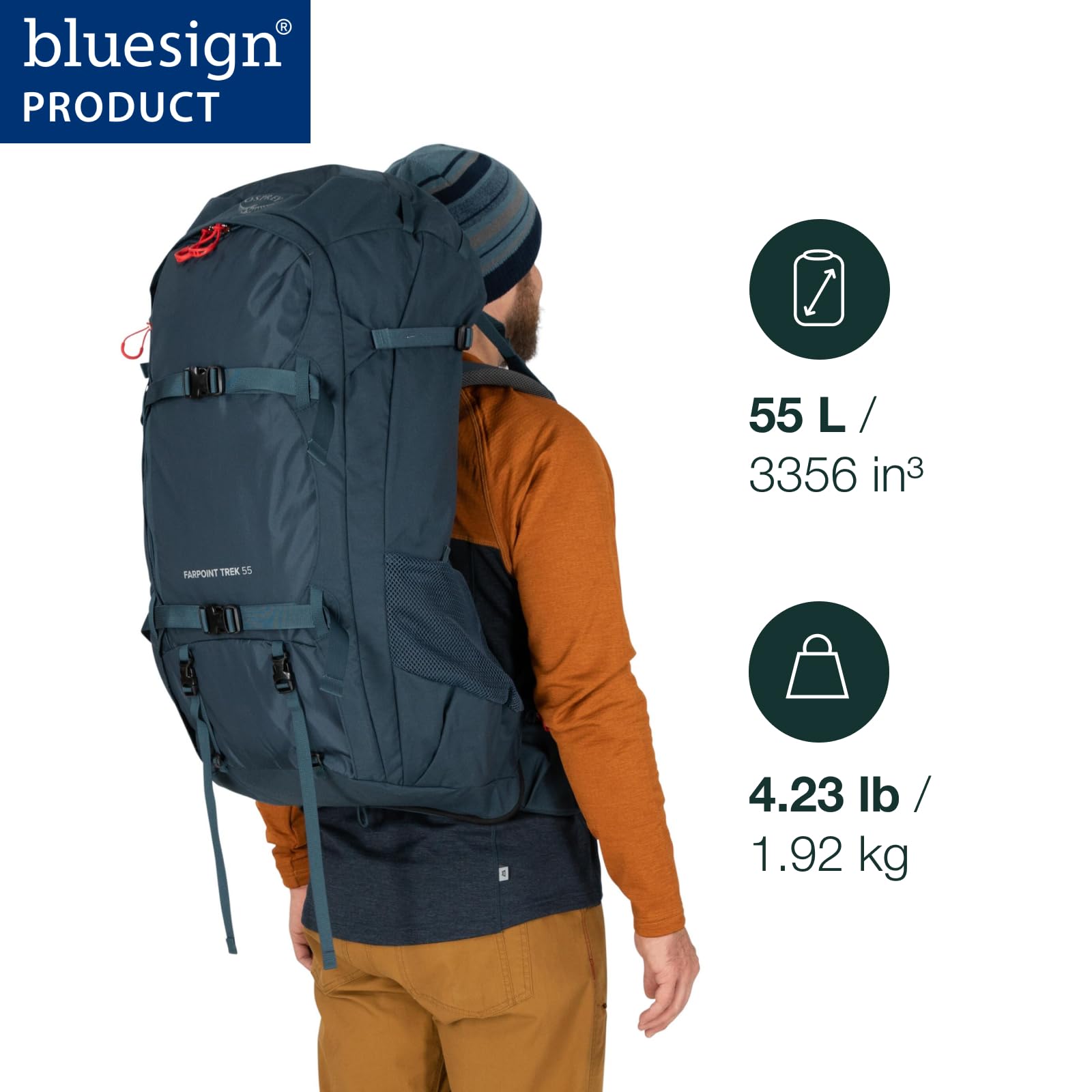 Osprey Farpoint Trek 55L with AirSpeed backpanel for breathable comfort on long walks.