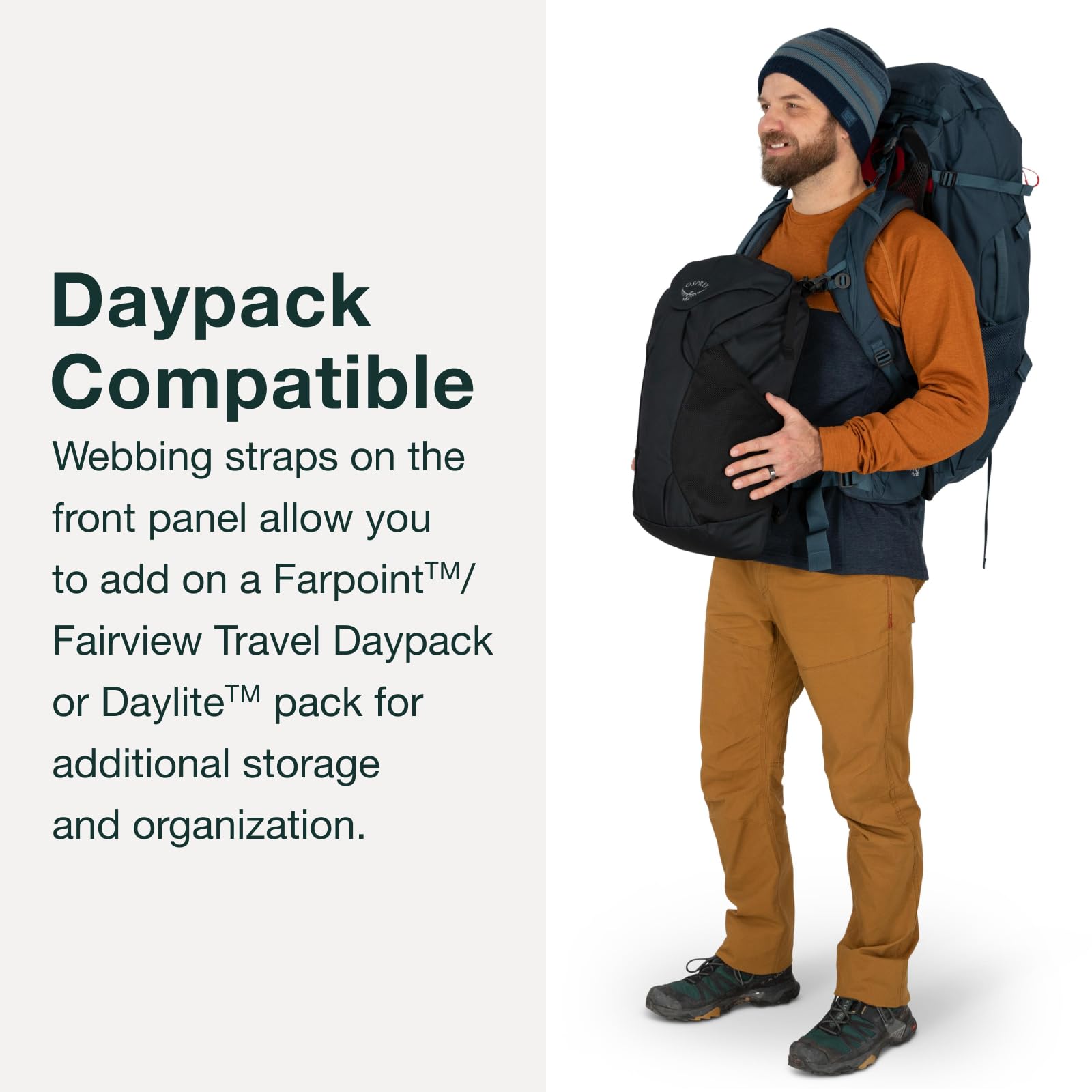 Osprey Farpoint Trek 55L sleeping-bag straps for external carry when needed.