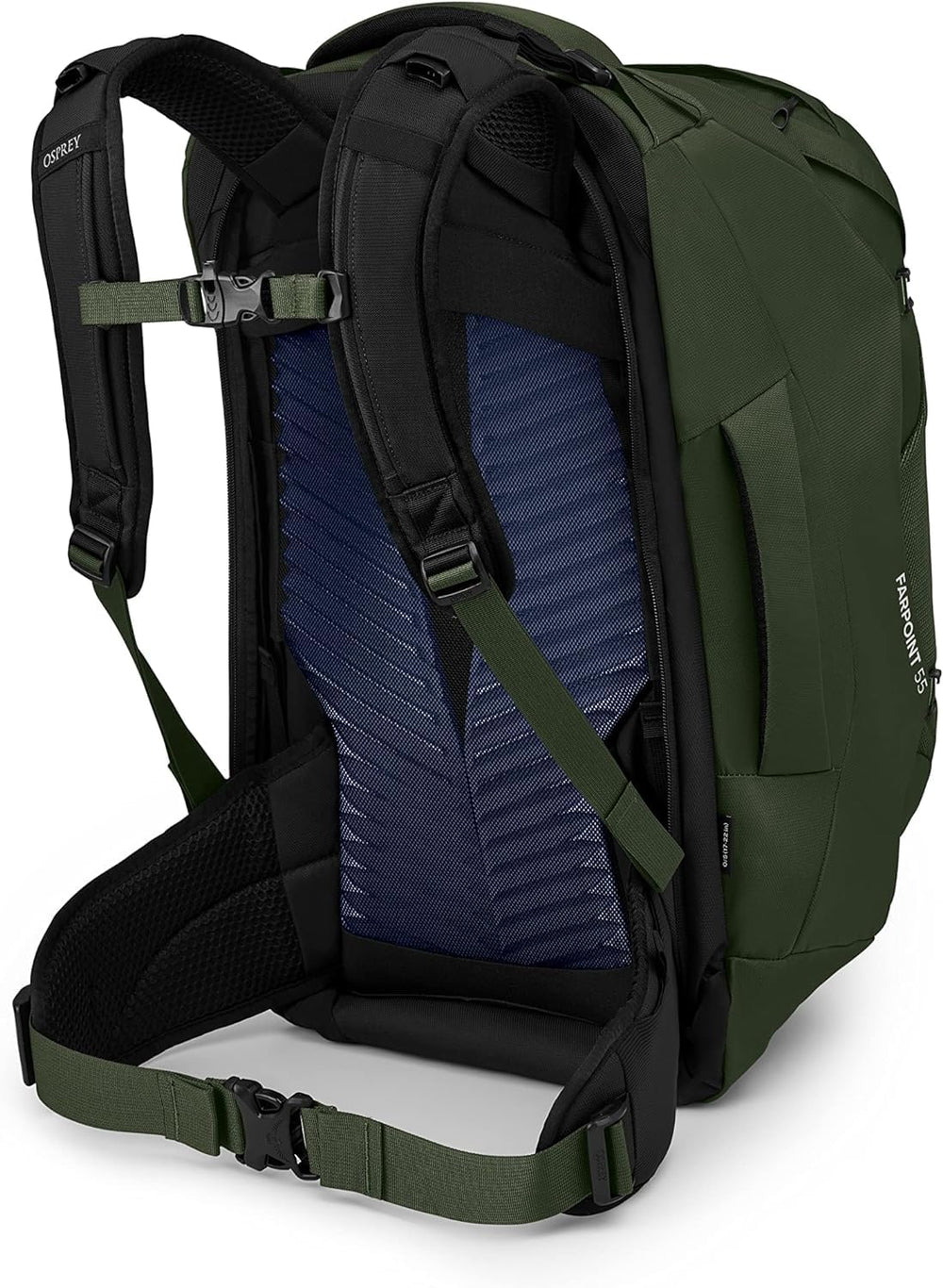 Osprey Farpoint 55L front compression straps secure gear on the go.