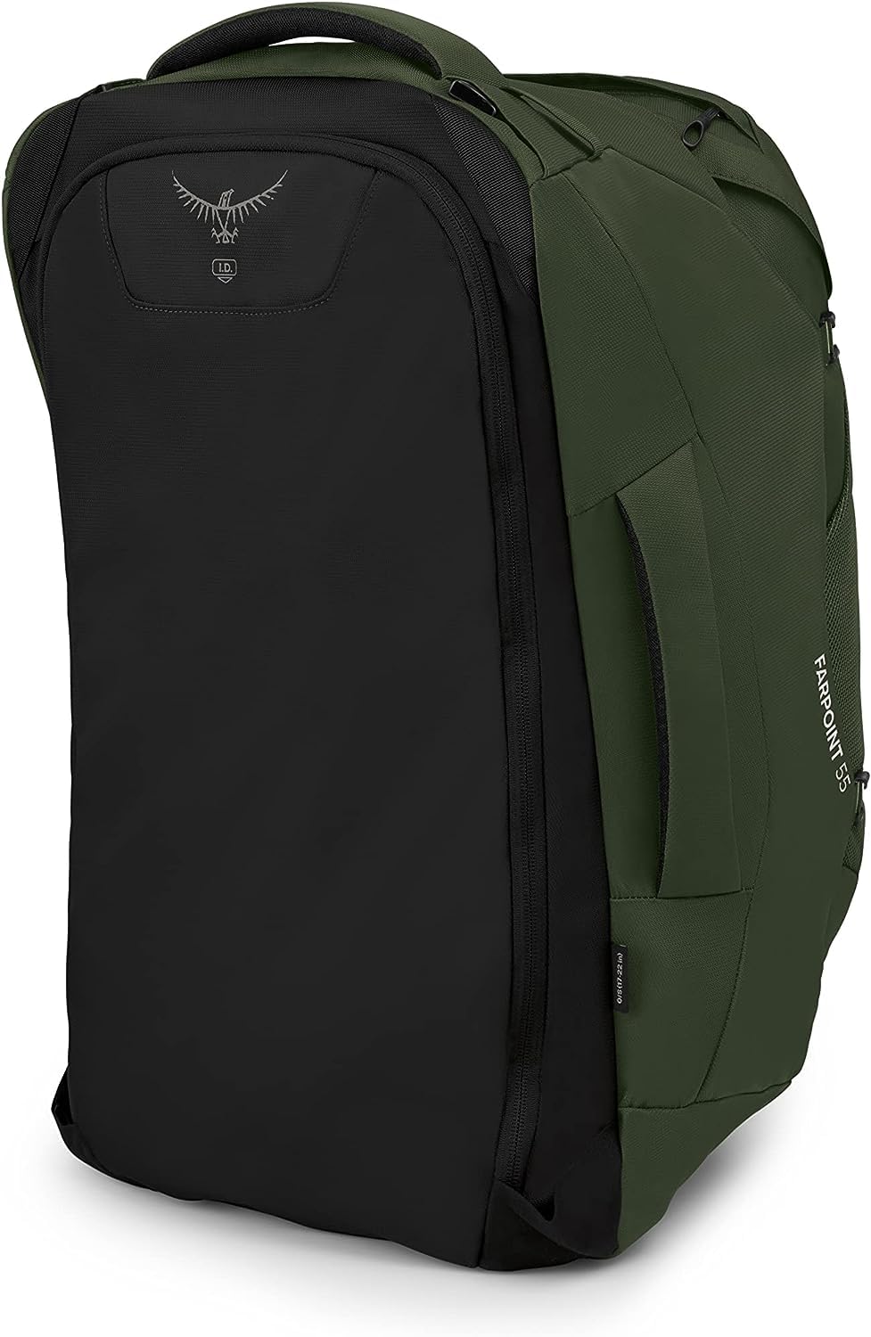 Osprey Farpoint 55L external zip pocket keeps toiletries accessible.