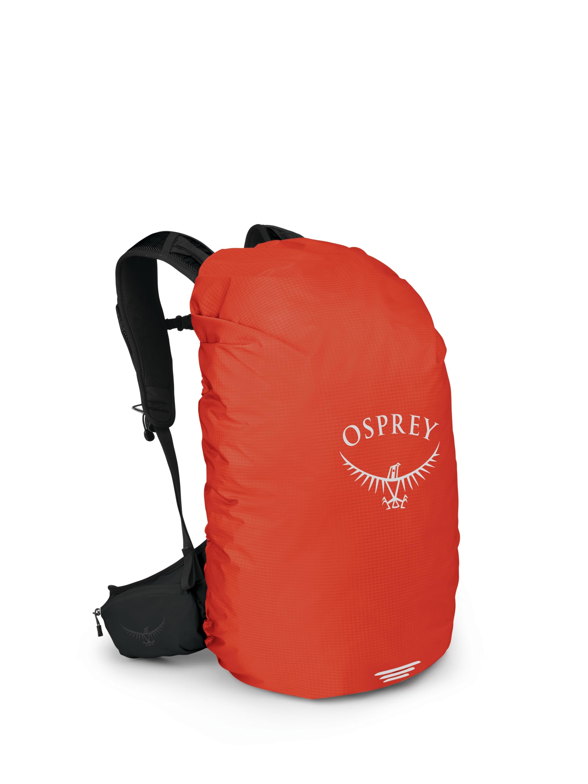 Osprey Hivis raincover front view shows compact rain protection for daily commutes.