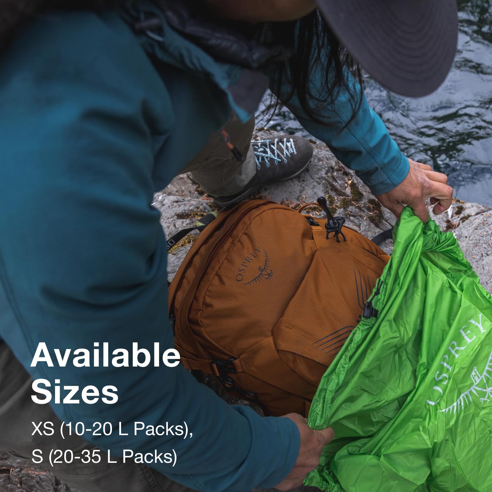 Osprey Hivis raincover waterproof coating provides moisture resistance in showers.