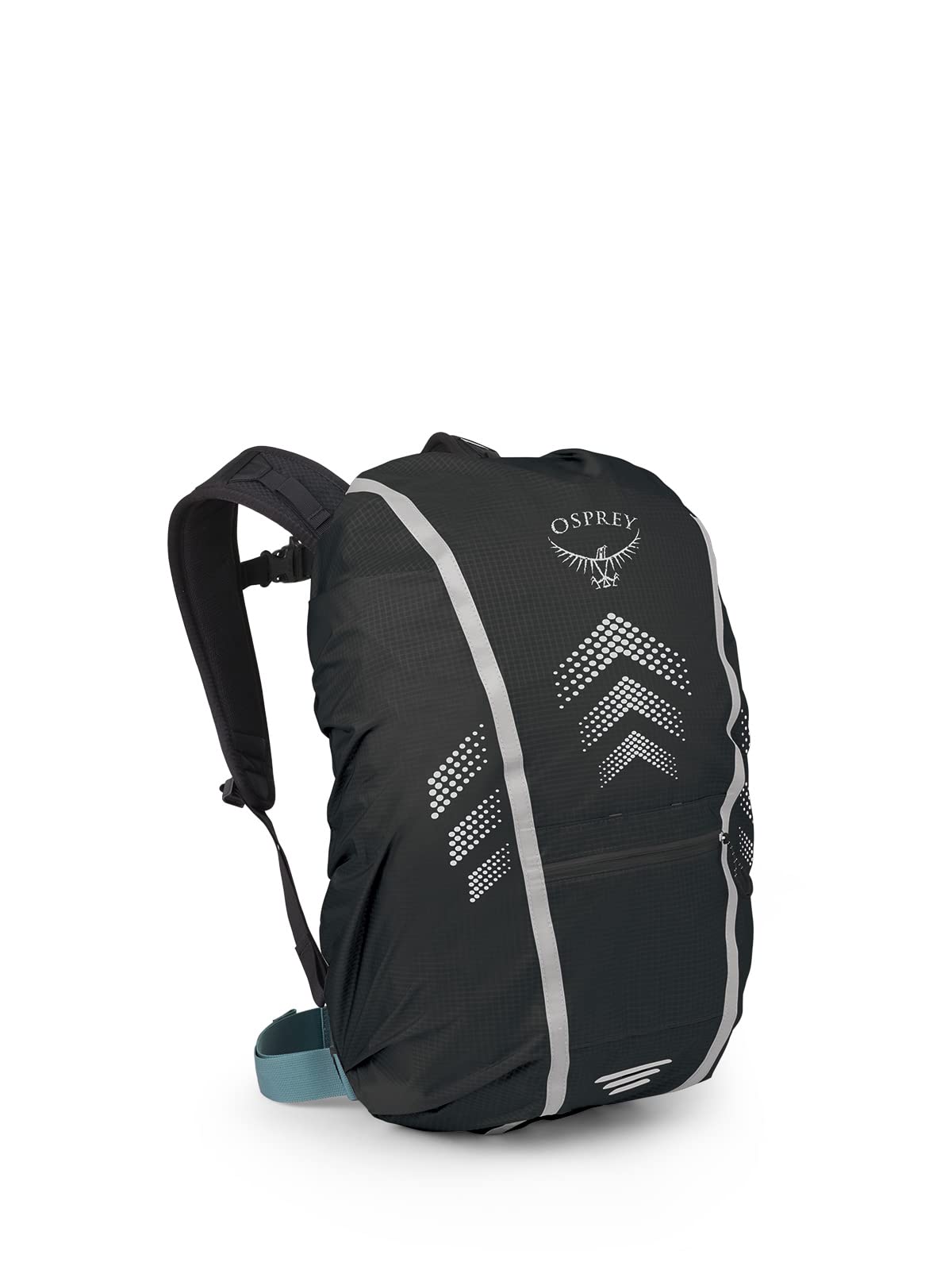 Osprey Hi-Vis raincover on backpack front view with high visibility