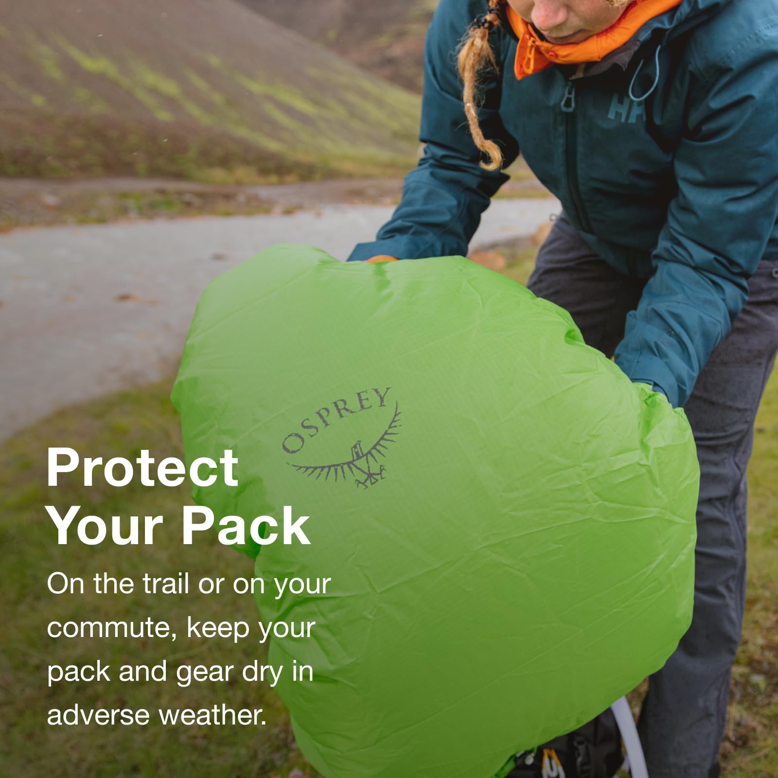Osprey Hivis Reflective Commuter Raincover on backpack enhancing urban visibility