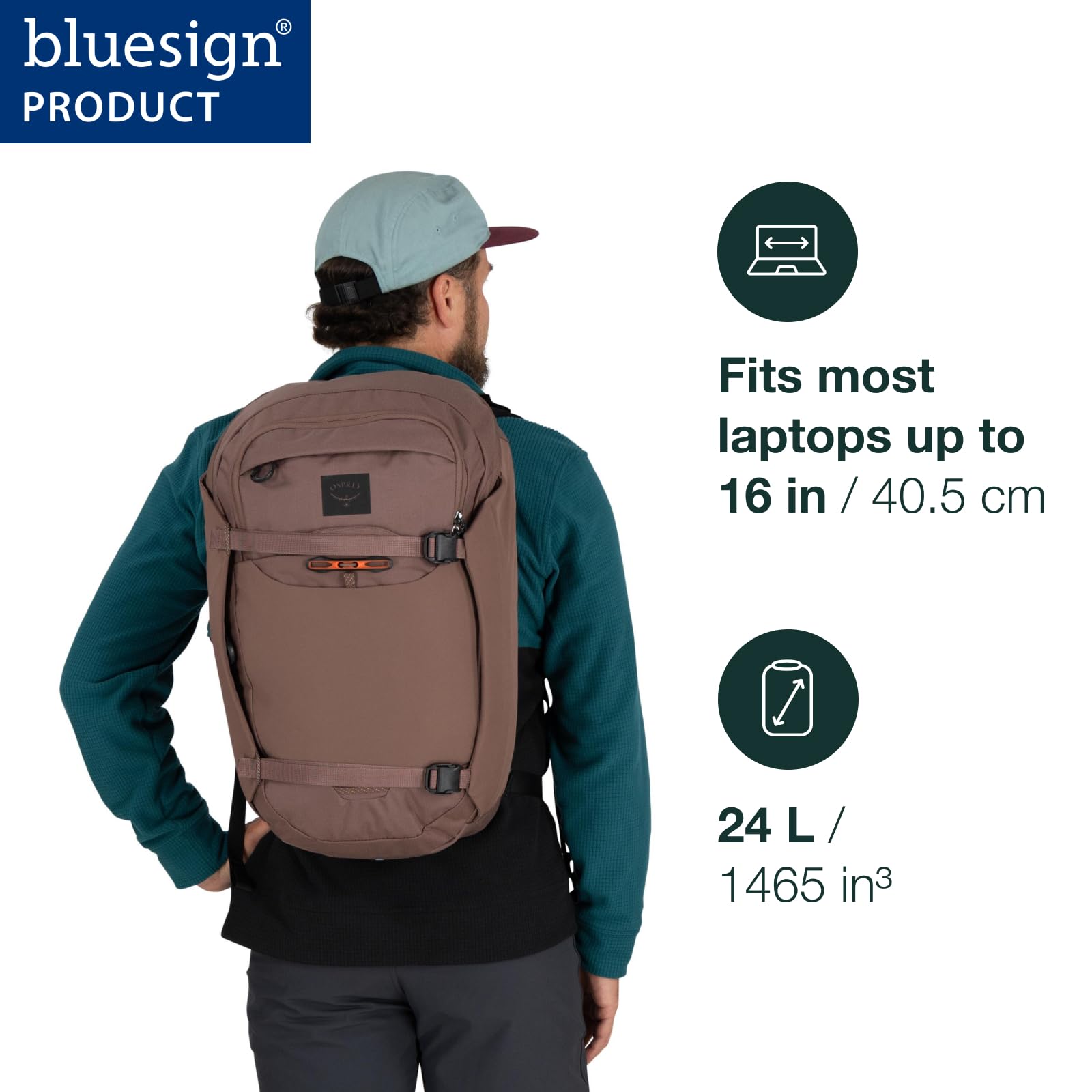 Osprey Metron 24L commuter back view showing compact silhouette and stable load.
