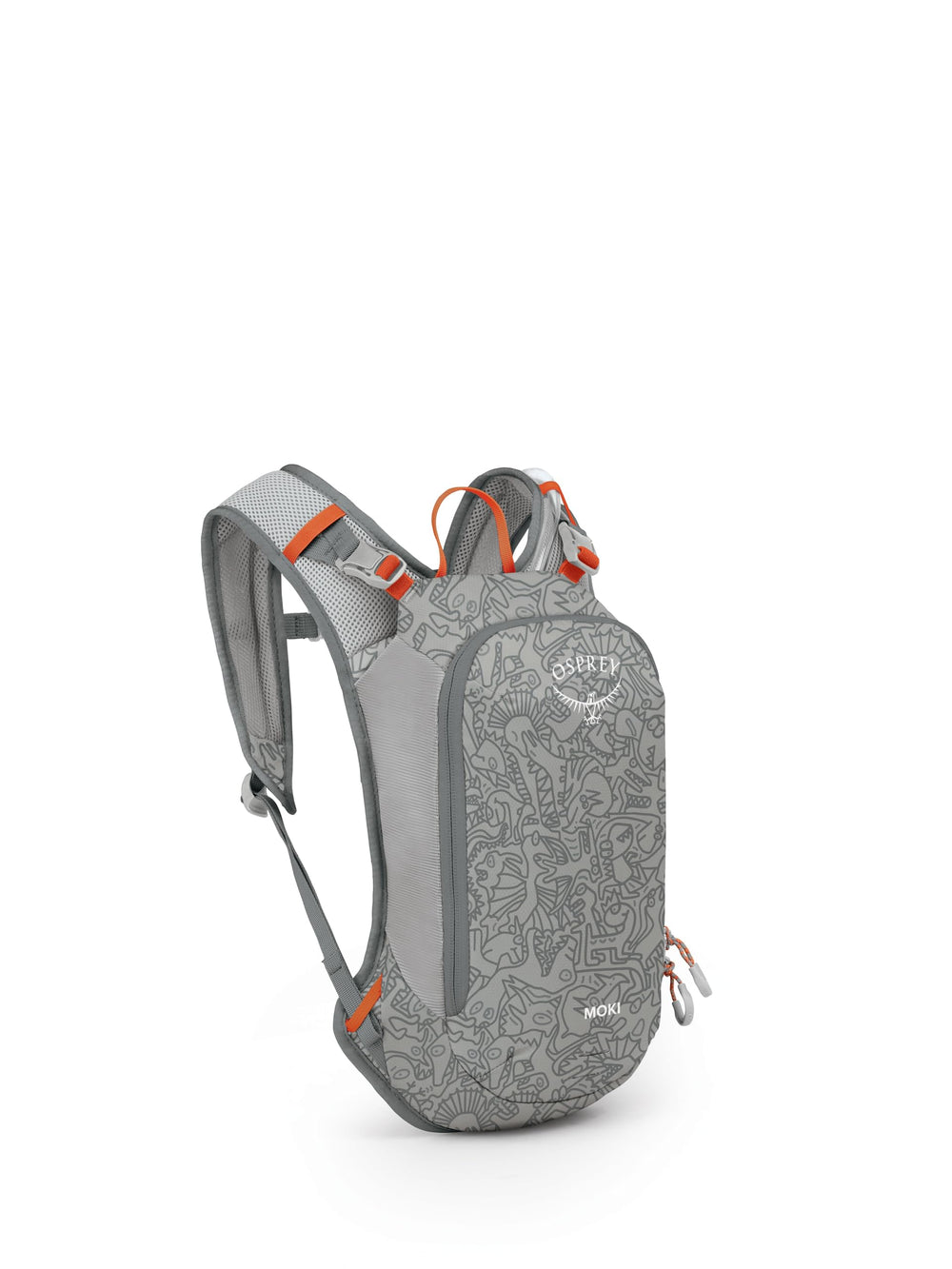 Osprey Moki 3L kids backpack front view with Hungry Dino print for biking
