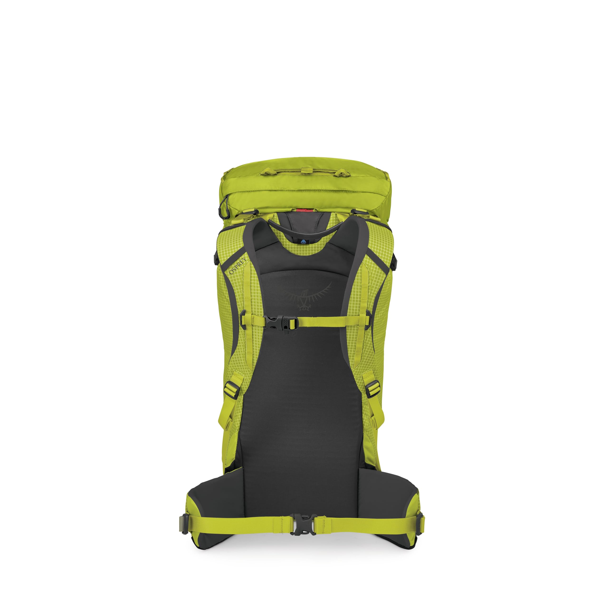 Osprey Mutant 38L backpanel highlights snowshed design and stability.