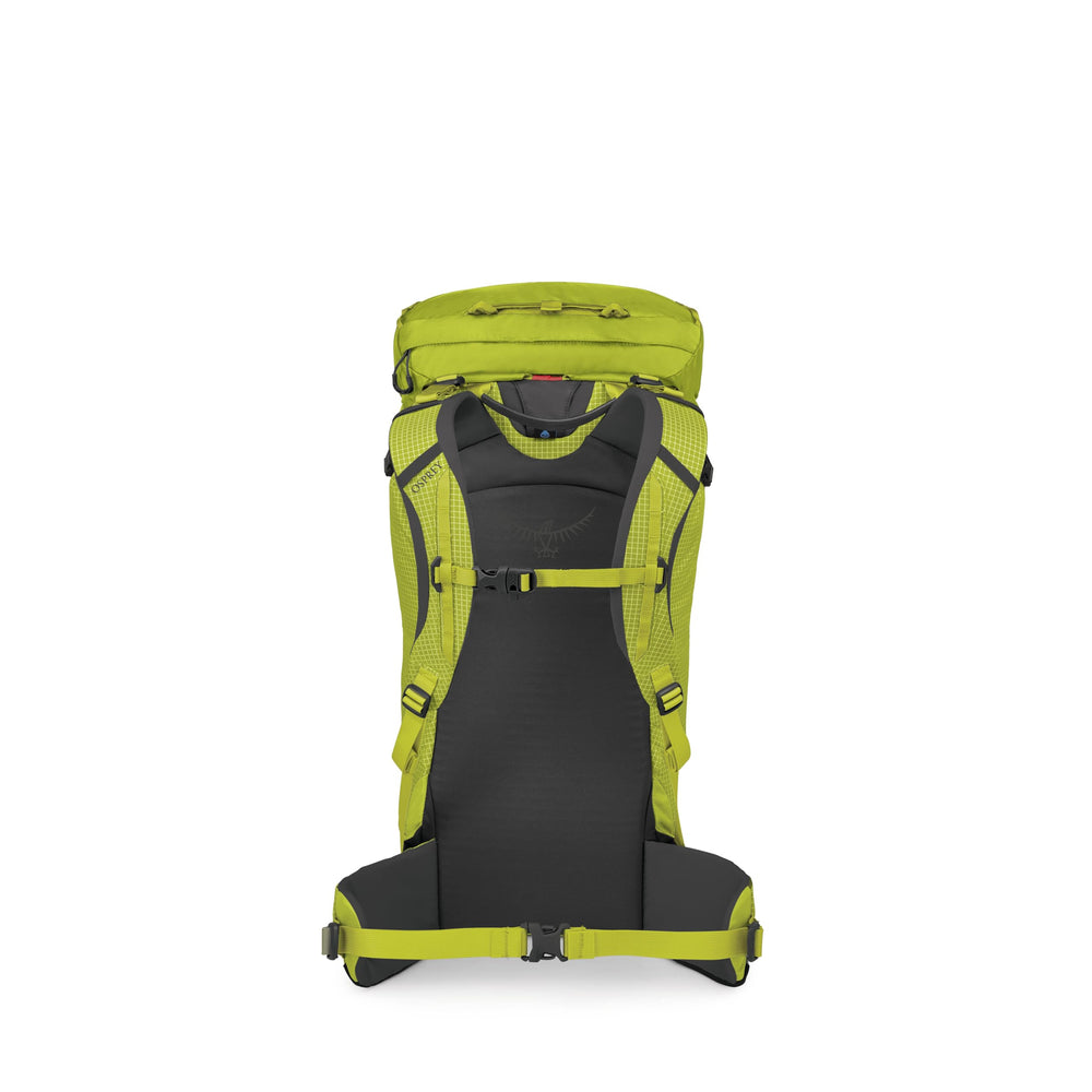 Osprey Mutant 38L backpanel highlights snowshed design and stability.