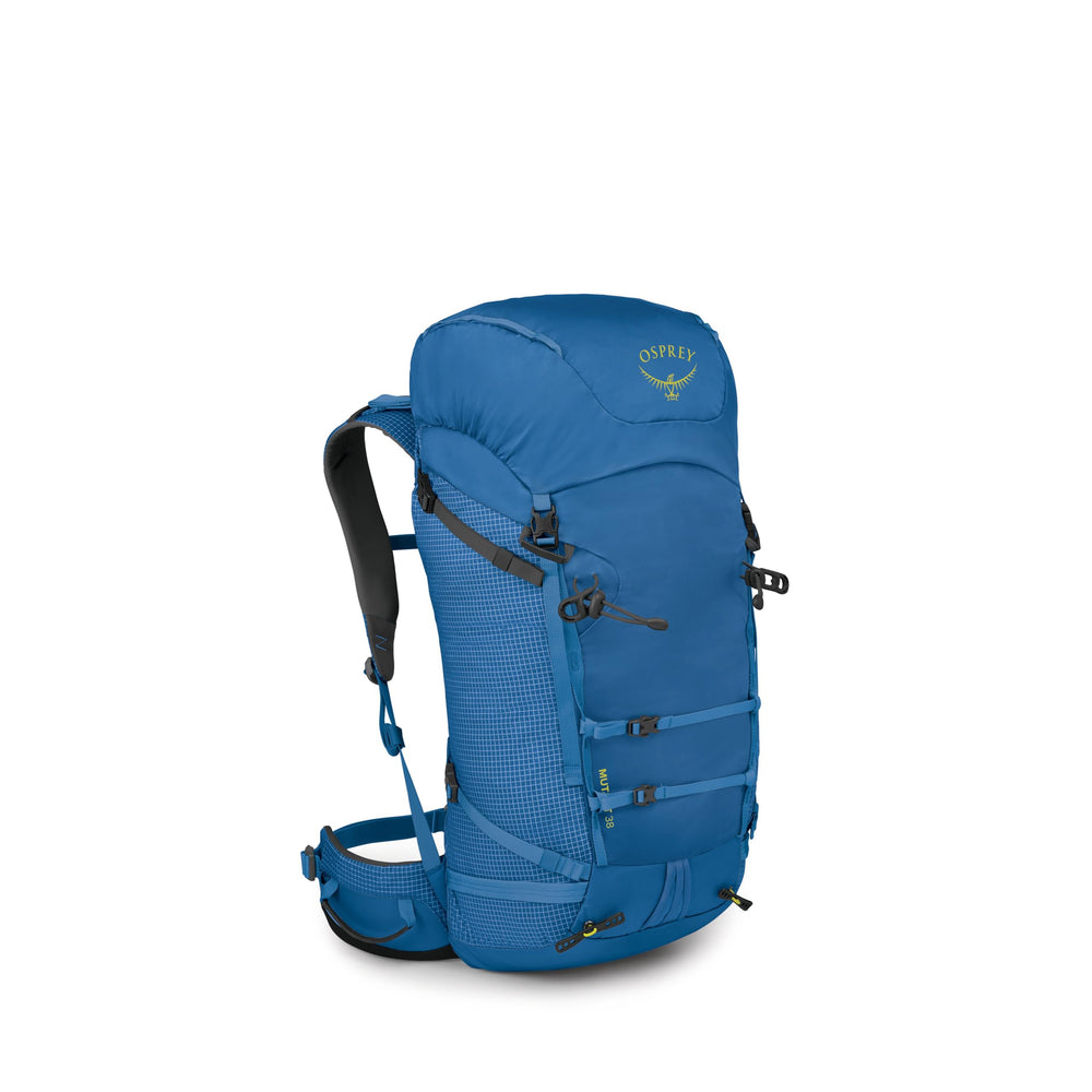 Osprey Mutant 38L front view for alpine climbing with compact, stable fit.