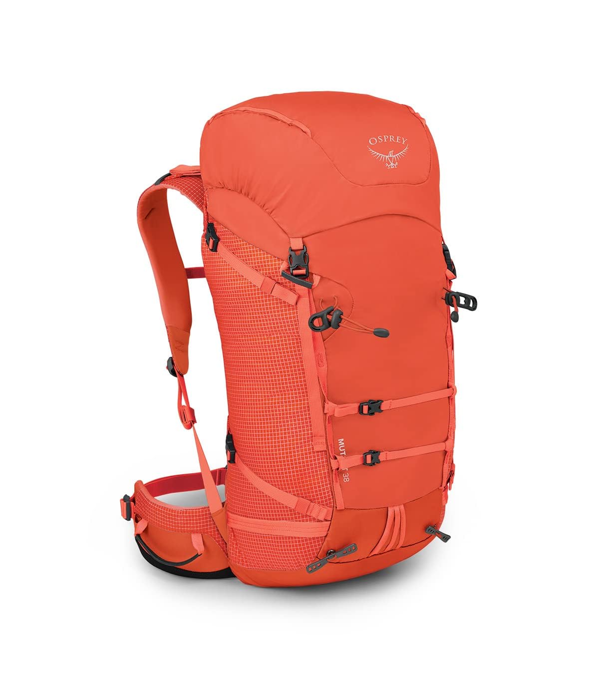 Osprey Mutant 38L front view in Mars Orange for versatile climbing adventures