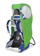 Osprey Poco Raincover with clear window lets child see surroundings safely.