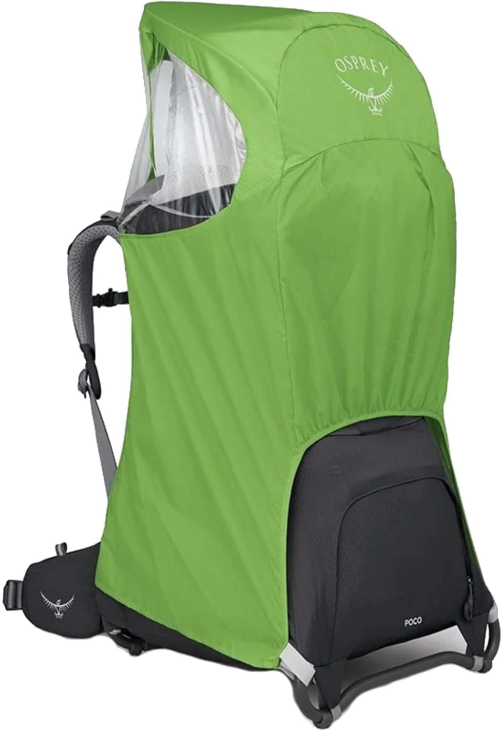 Osprey Poco raincover mounted on the carrier shields your child from rain on rugged trails