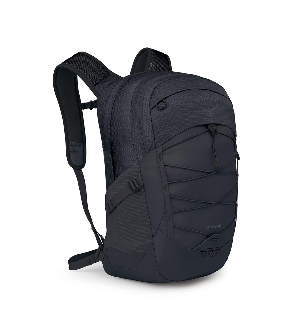 Osprey Quasar commuter backpack front view showing black durable shell for daily carry