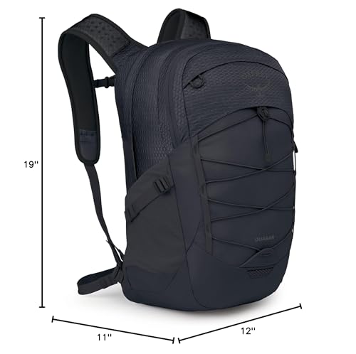 Osprey Quasar commuter backpack side view illustrating balanced load for all-day wear