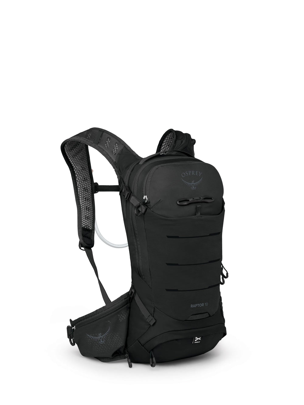 Osprey Raptor 10L backpack front view showcases compact MTB design and accessible pockets.