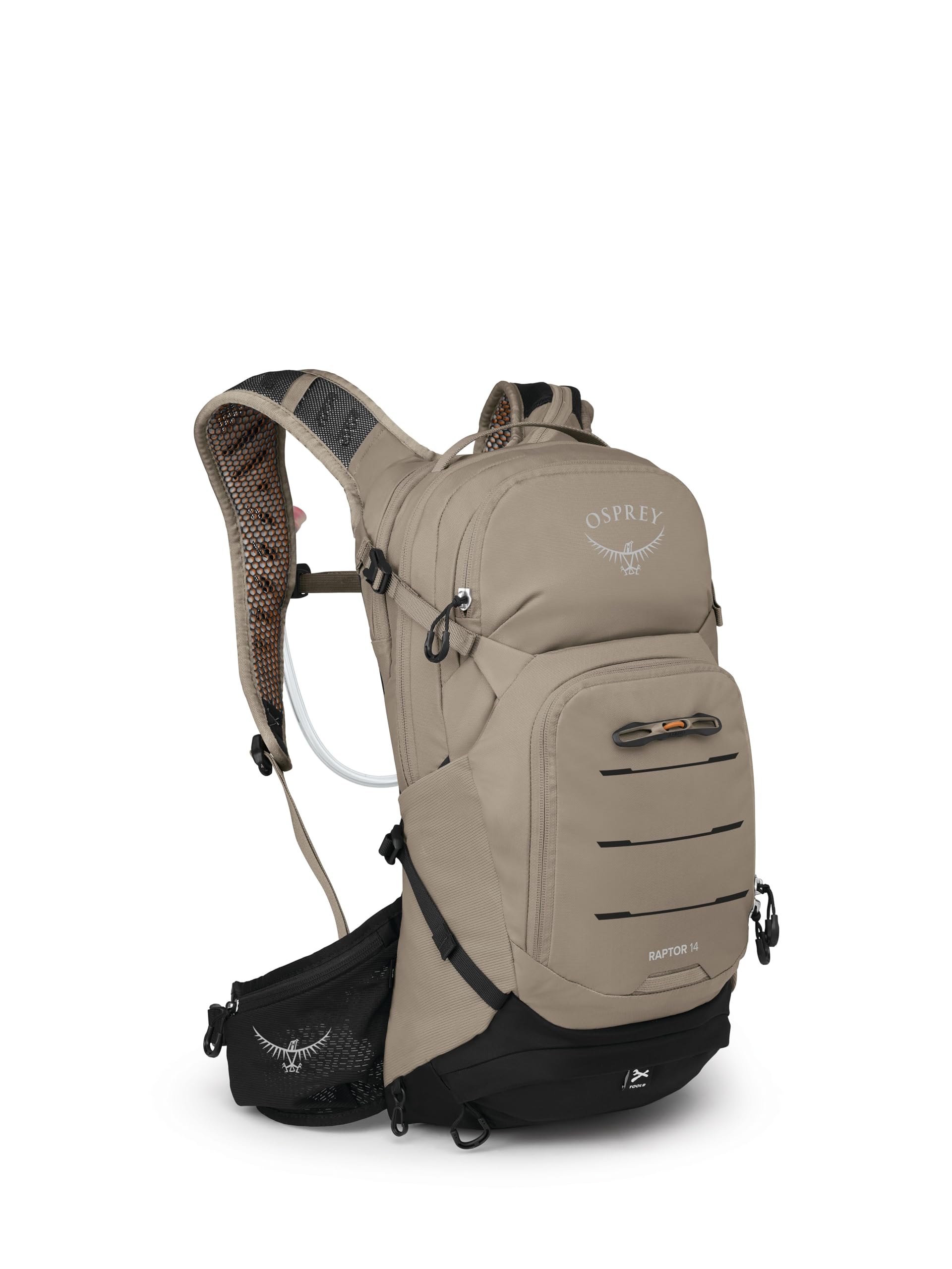 Osprey Raptor 14L side view shows stable fit for rough mountain descents