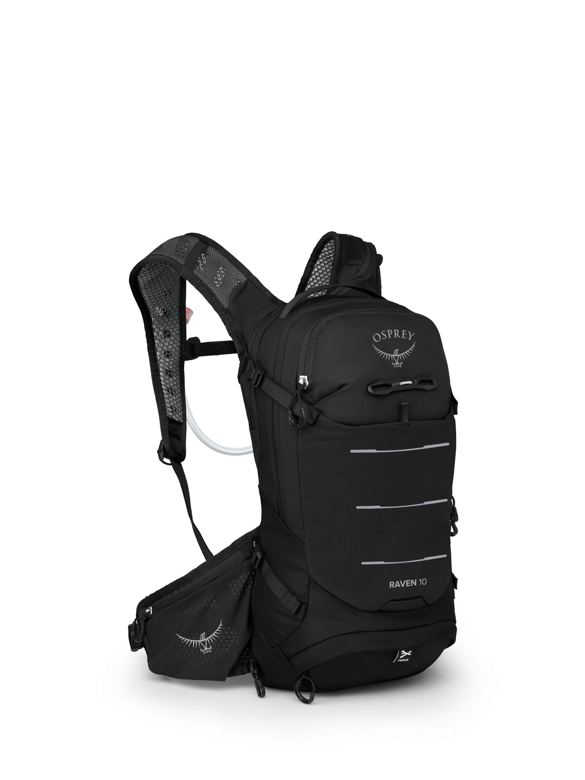 Osprey Raven 10L backpack on trail with compact storage for essentials.