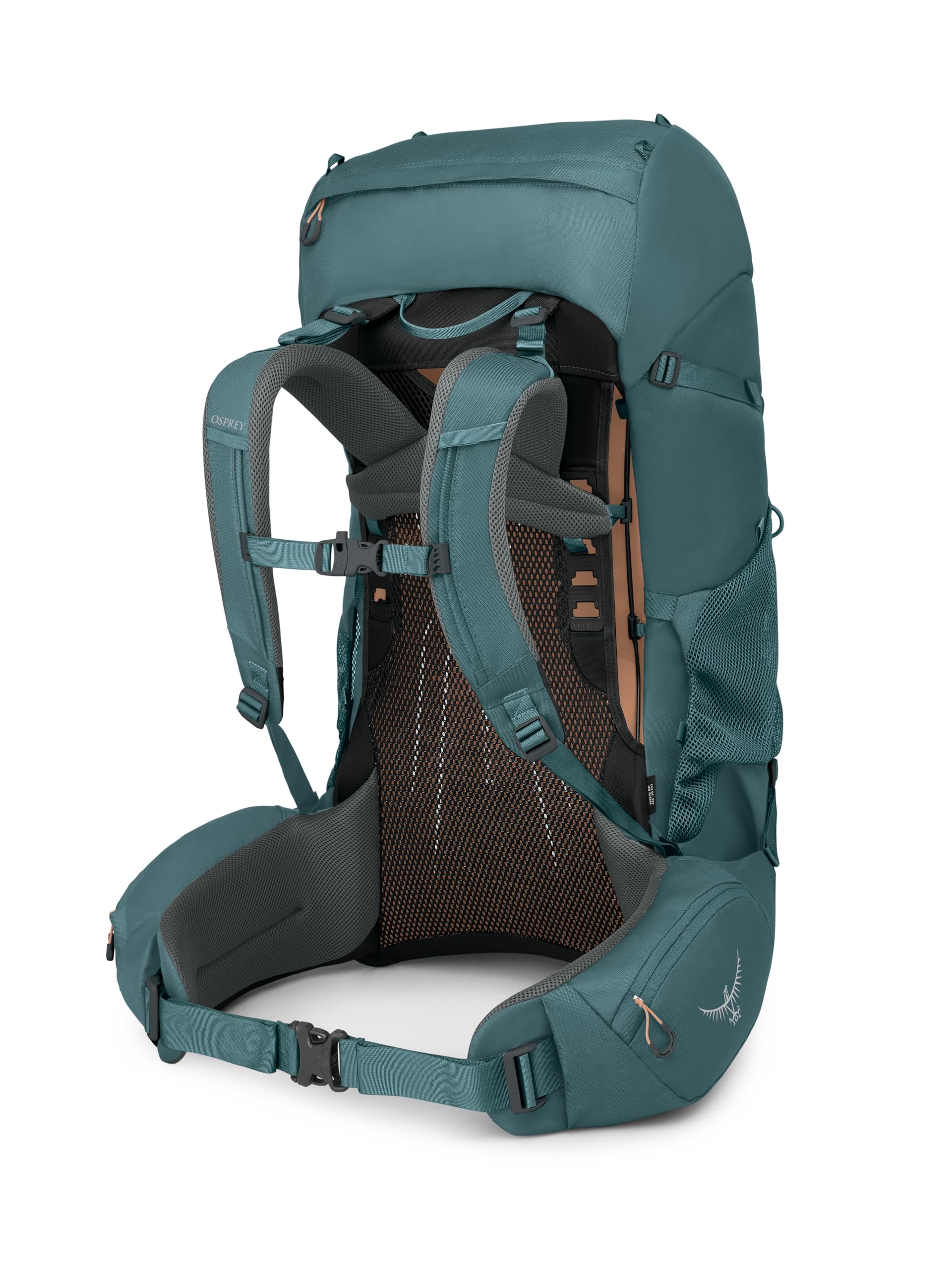 Osprey Renn 65EF raincover pocket shows integrated weather protection.