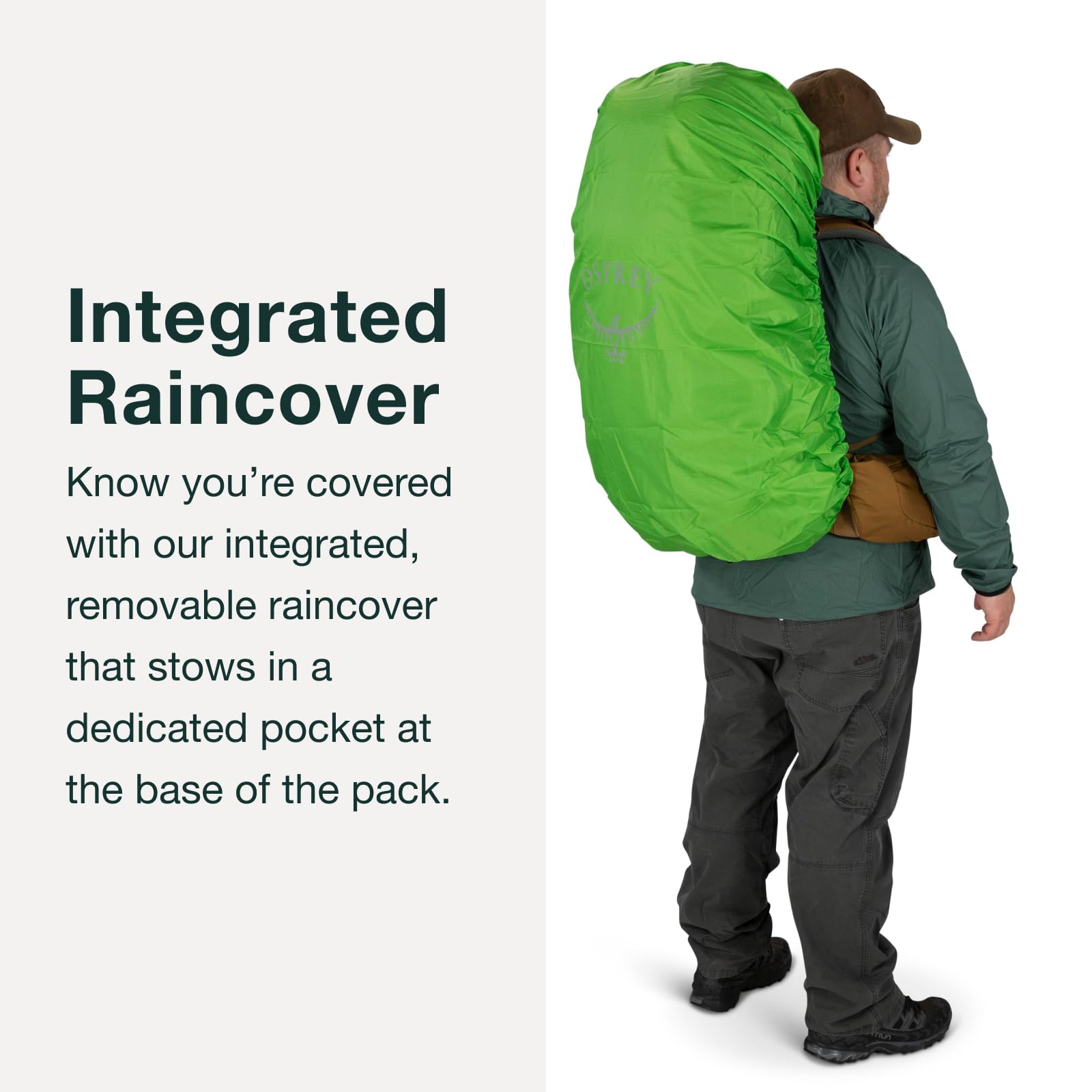Osprey Rook 50L integrated raincover shields you in showers.