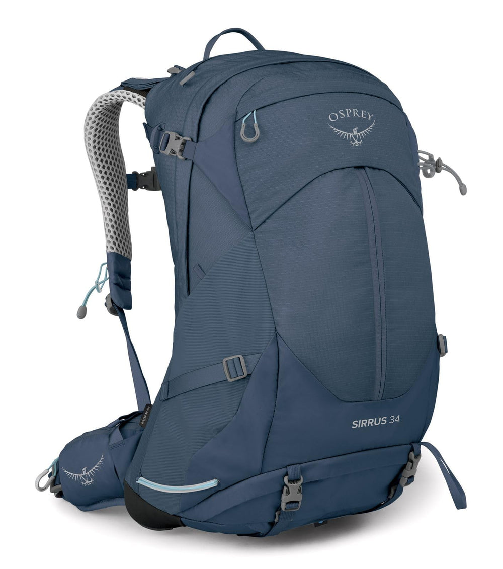 Osprey Sirrus 34L back panel and harness highlight ergonomic fit for long hikes.