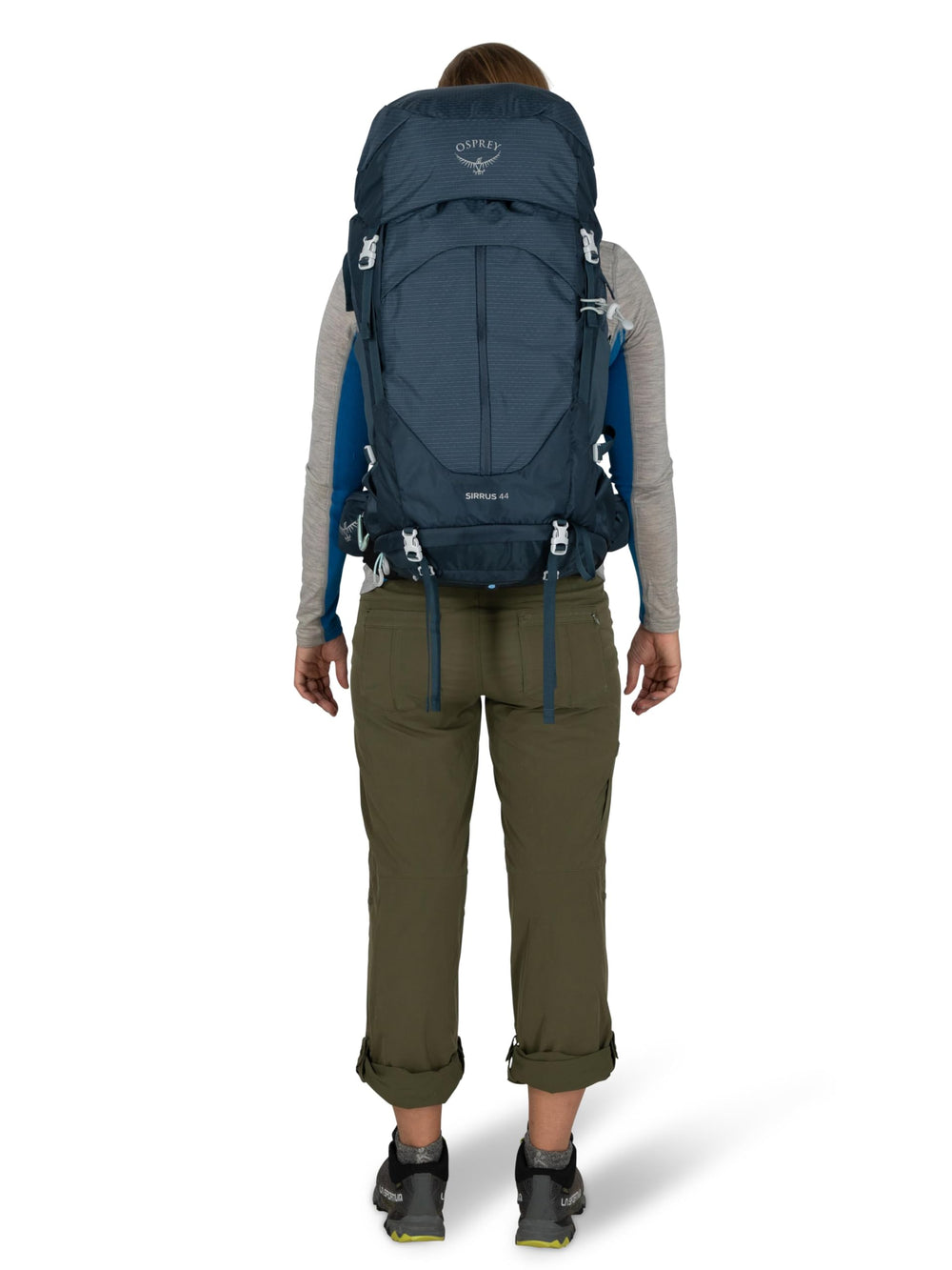 Osprey Sirrus 44L dimensions showing compact backpack footprint