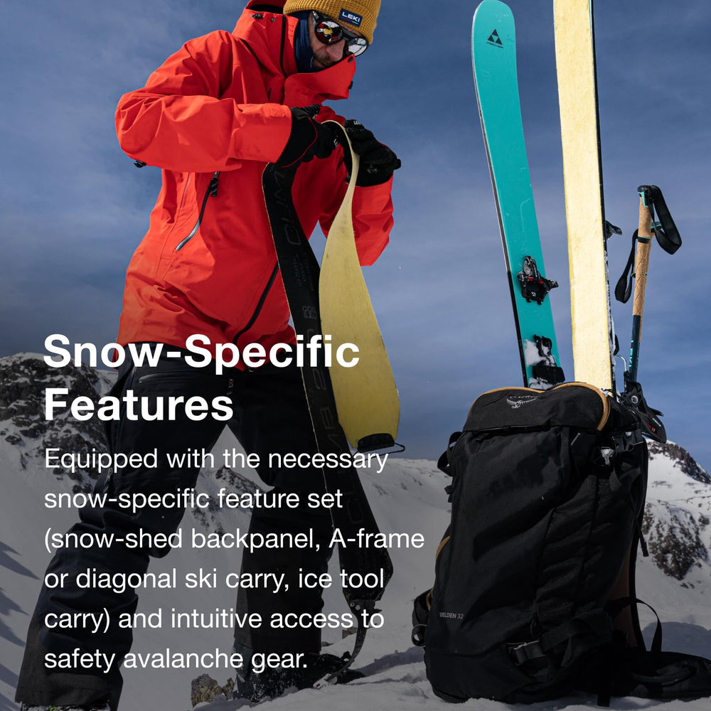 Osprey Soelden 22L front J-zip for avalanche kit access.