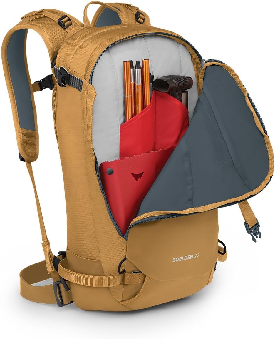 Osprey Soelden 22L shovel and probe sleeves keep safety gear organized.