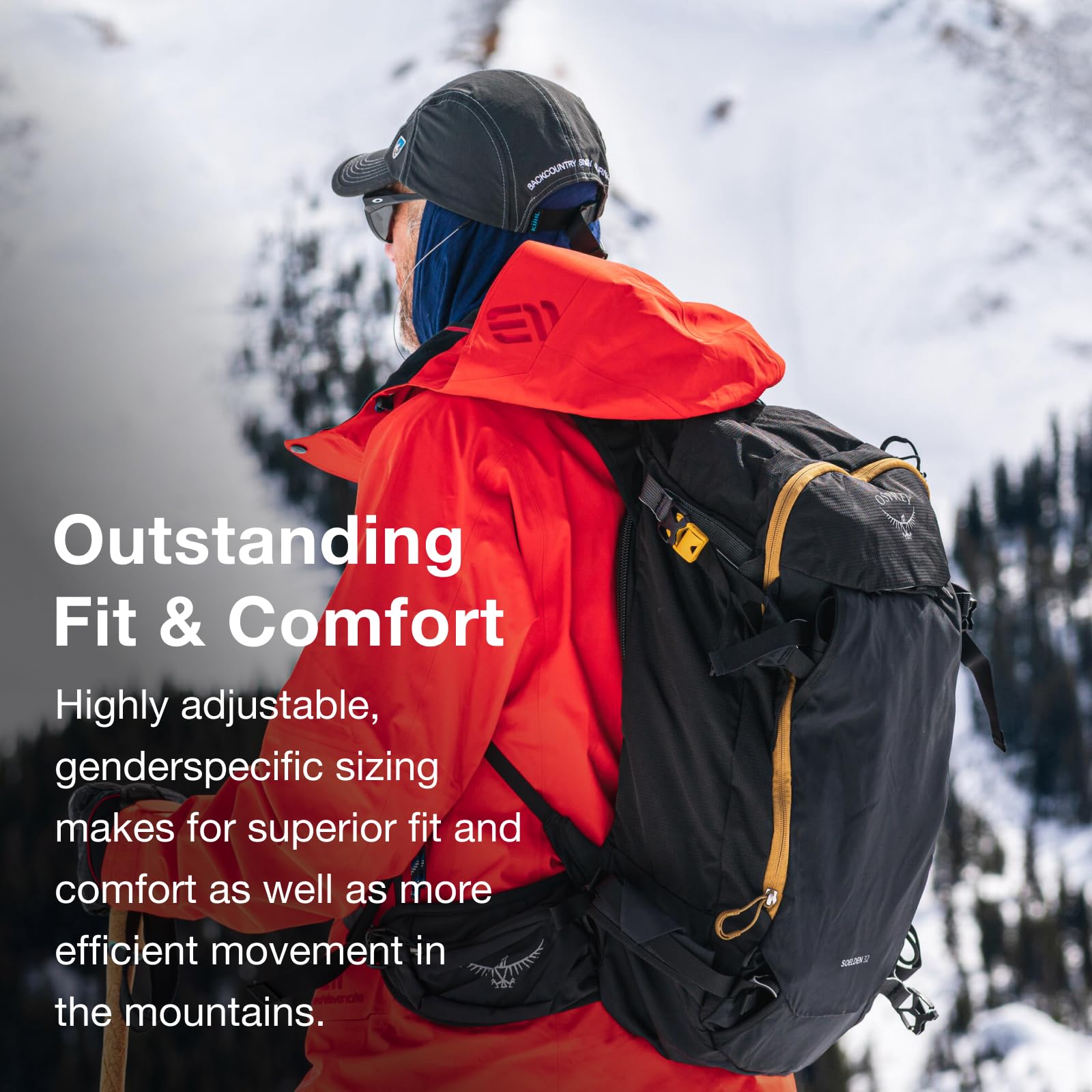 Osprey Soelden 32L A-frame ski carry supports secure uphill setups.