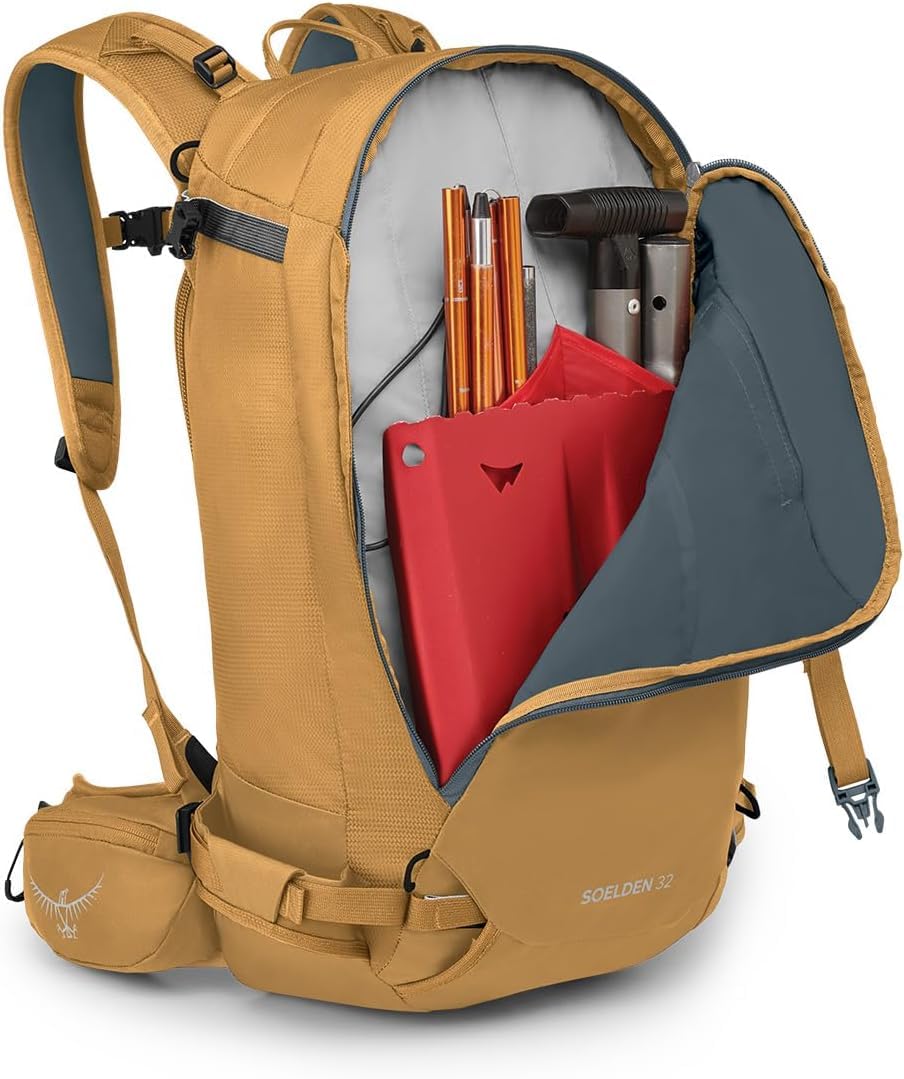 Osprey Soelden 32L snowboard carry horizontal for mixed terrain days.