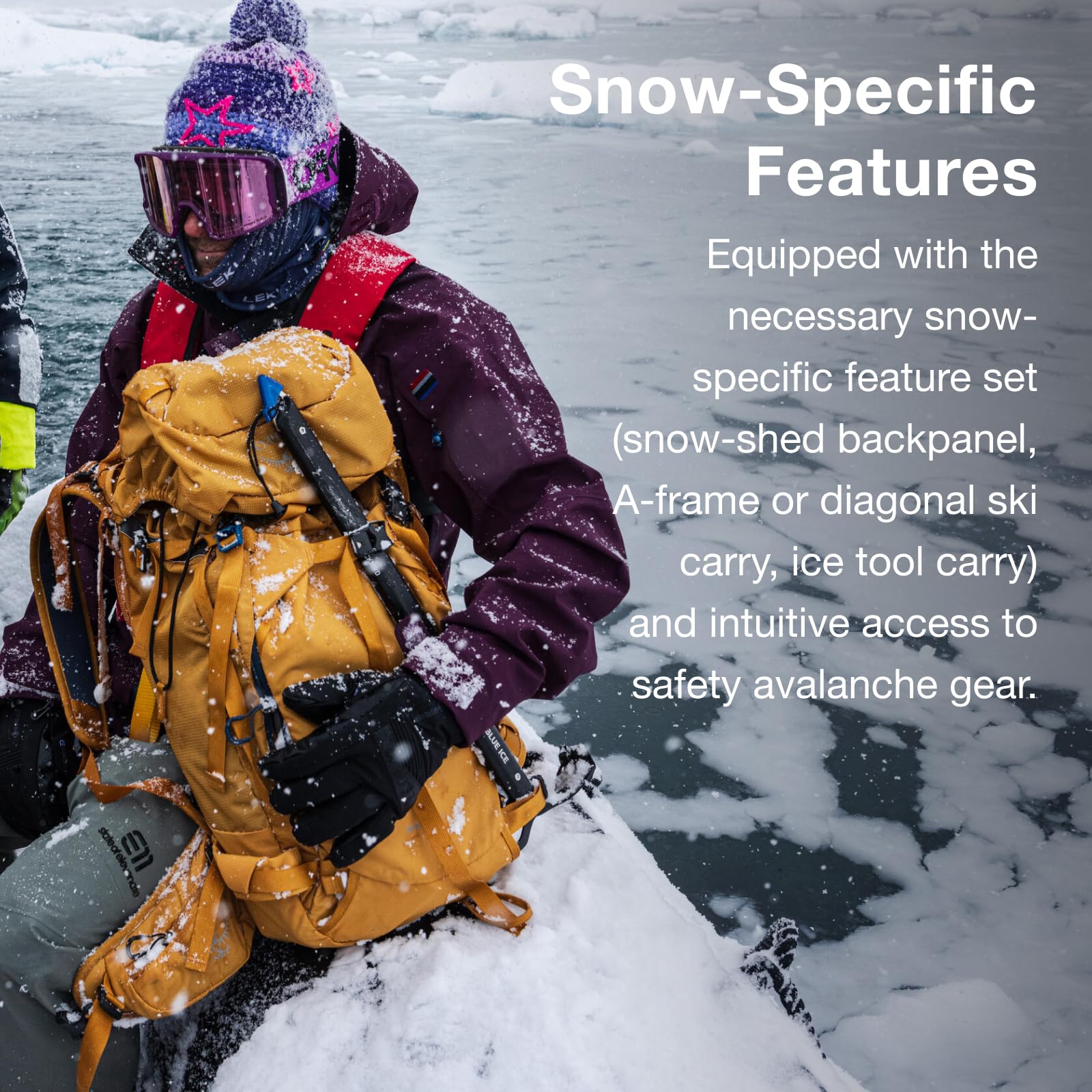 Osprey Soelden 42L A-frame ski carry secured for rugged terrain.